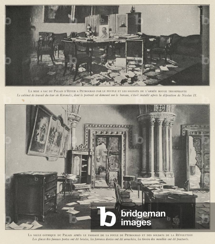 Interior of the Winter Palace in Petrograd, Russia, after it was ransacked by the Bolsheviks during the October Revolution, 1917 (b/w photo)