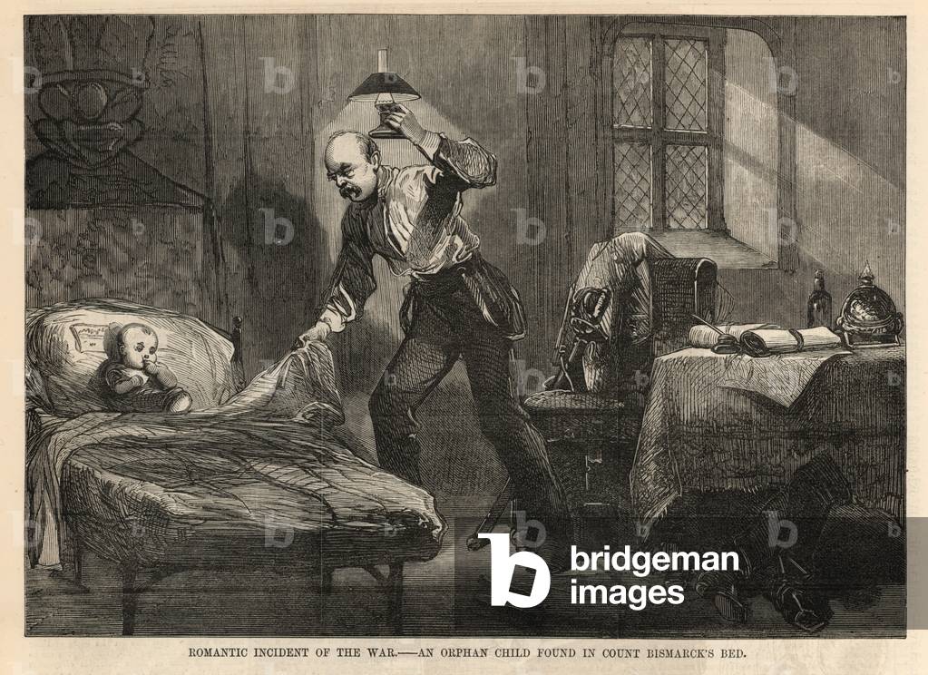 An orphan child found in Count Bismarck's bed (engraving)