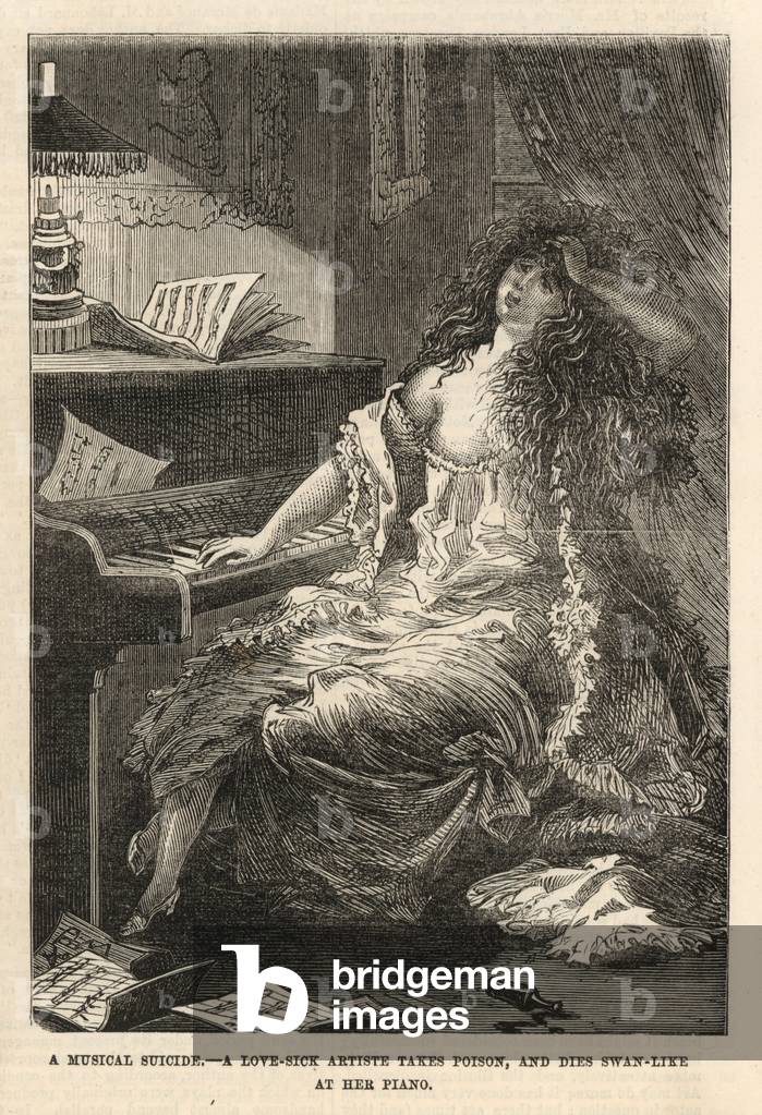A love-sick artiste takes poison, and dies swan-like at her piano (engraving)