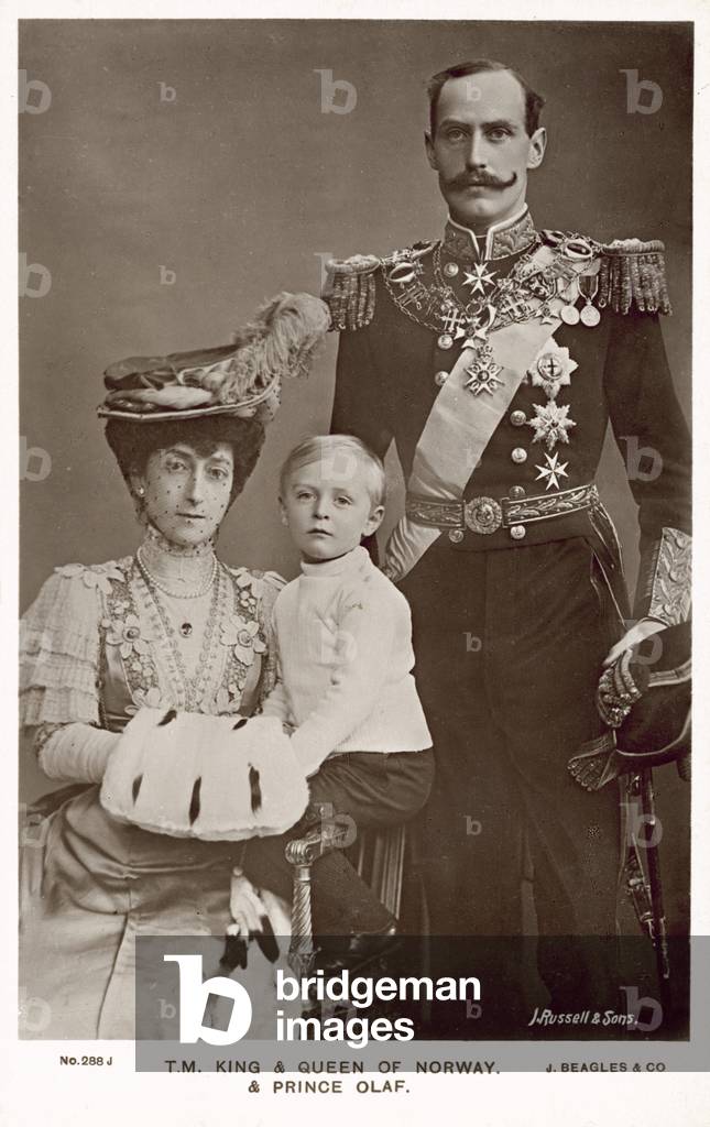 King and Queen of Norway, and Prince Olaf (b/w photo)