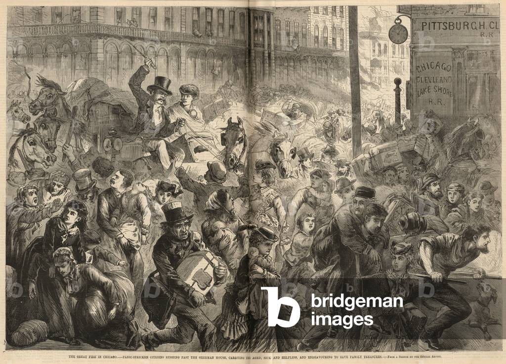 Panic-stricken citizens rushing past the Sherman House (engraving)