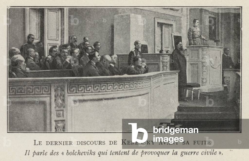 Russian Prime Minister Alexander Kerensky making his last speech before fleeing the Bolshevik revolution, 1917 (b/w photo)
