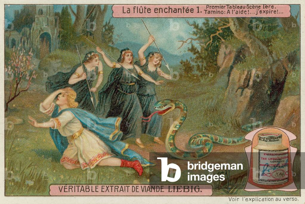 Three Attendants on the Queen of Night Kill a Snake to Save Tamino (chromolitho)