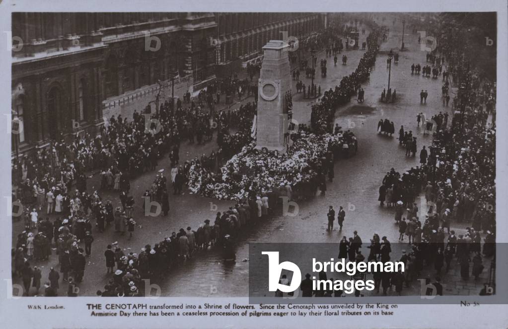 The Cenotaph transformed into a Shrine of flowers (b/w photo)