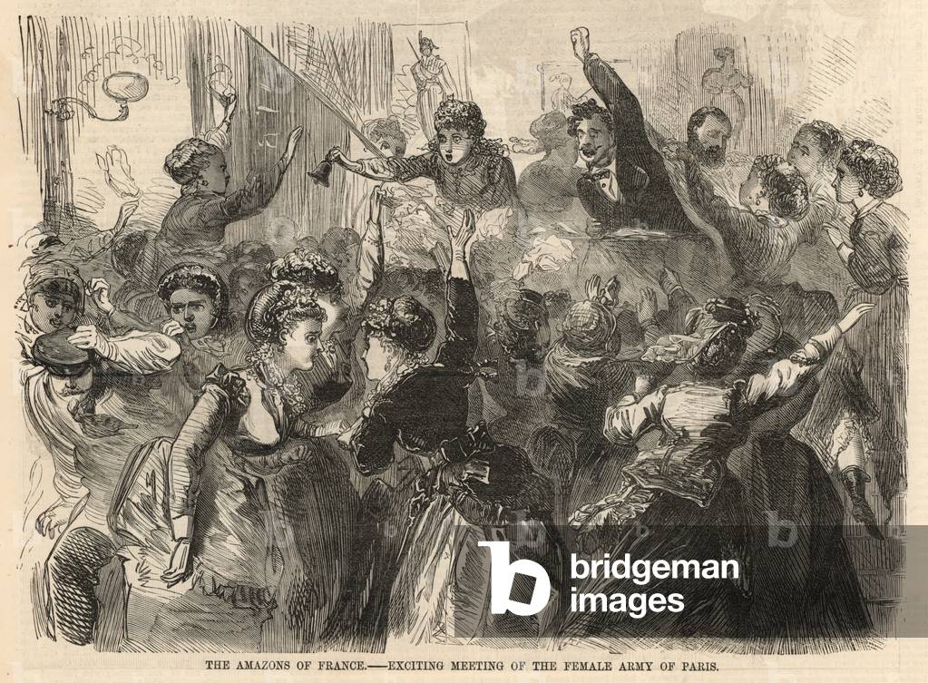 The Amazons of France; exciting meeting of the female army of Paris (engraving)