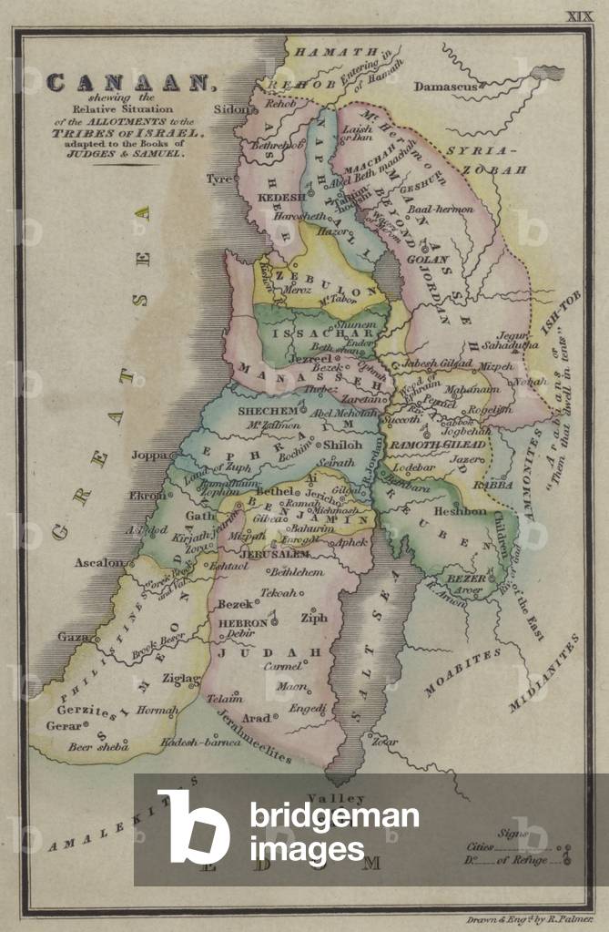 Canaan, shewing the Relative Situation of the Allotments to the Tribes of Israel, adapted to the Books of Judges and Samuel (coloured engraving)