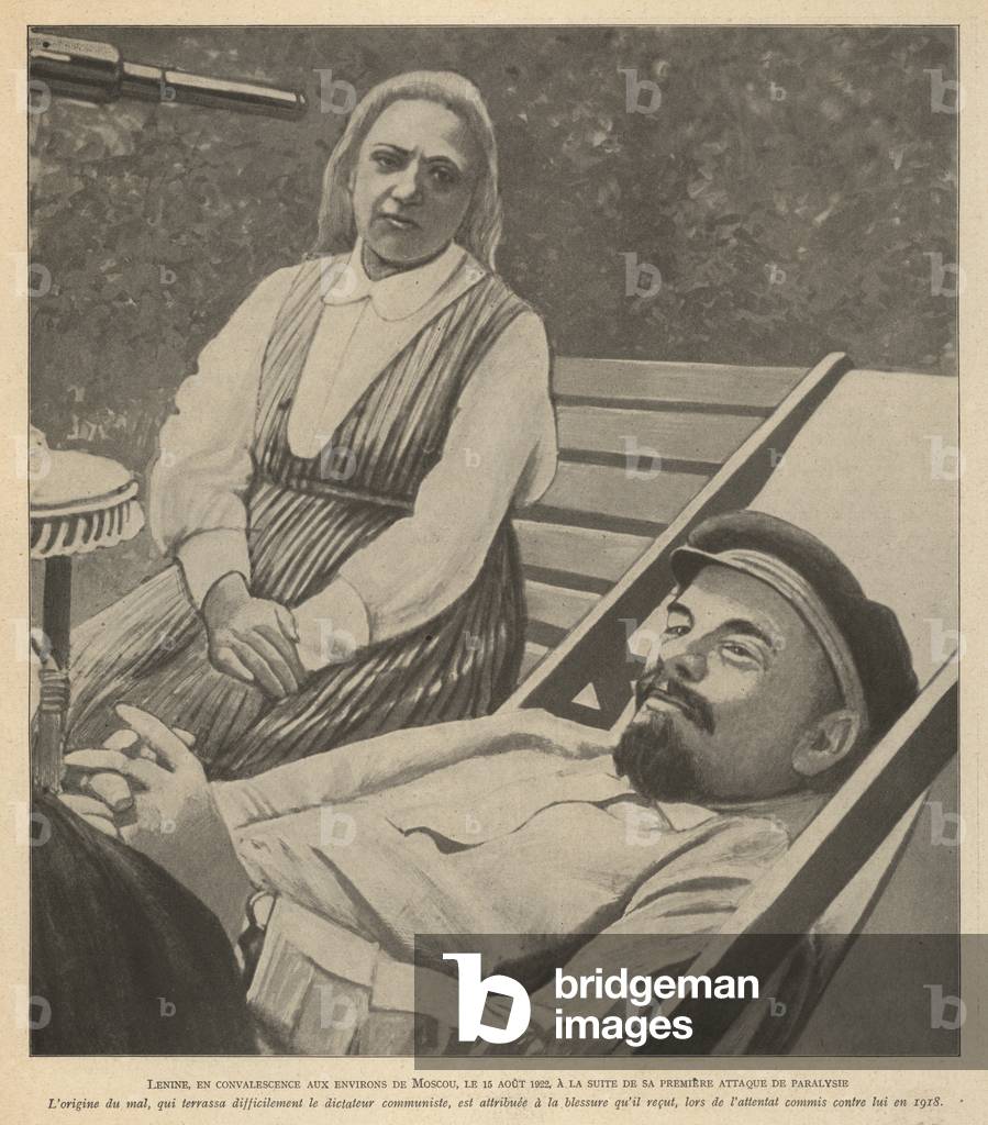 Soviet leader Vladimir Lenin convalescing at his house in Gorki in August 1922 after suffering his first stroke (b/w photo)