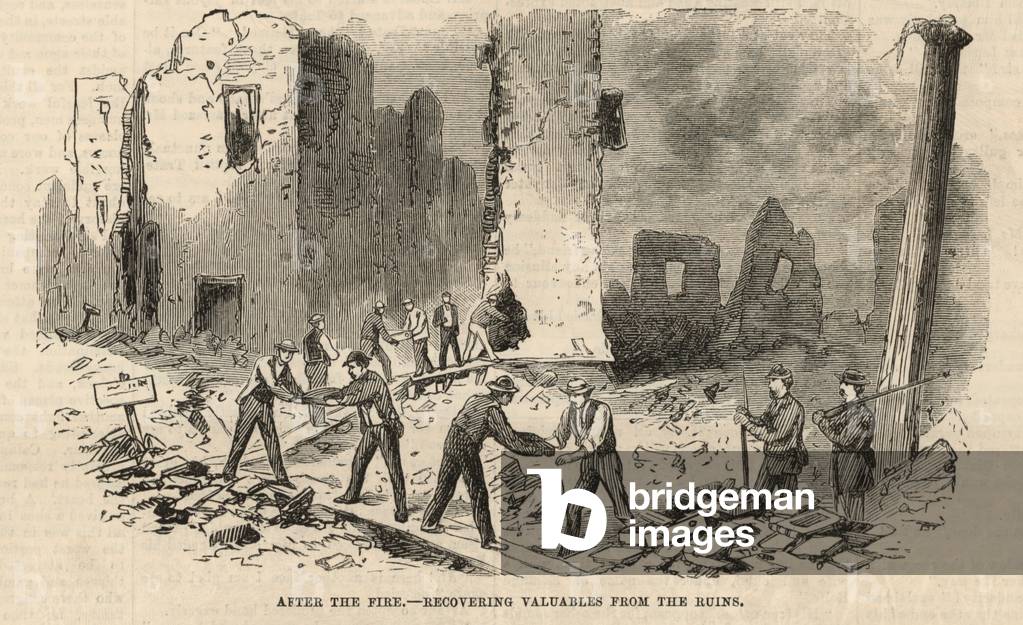 After the fire - recovering valuables from the ruins (engraving)