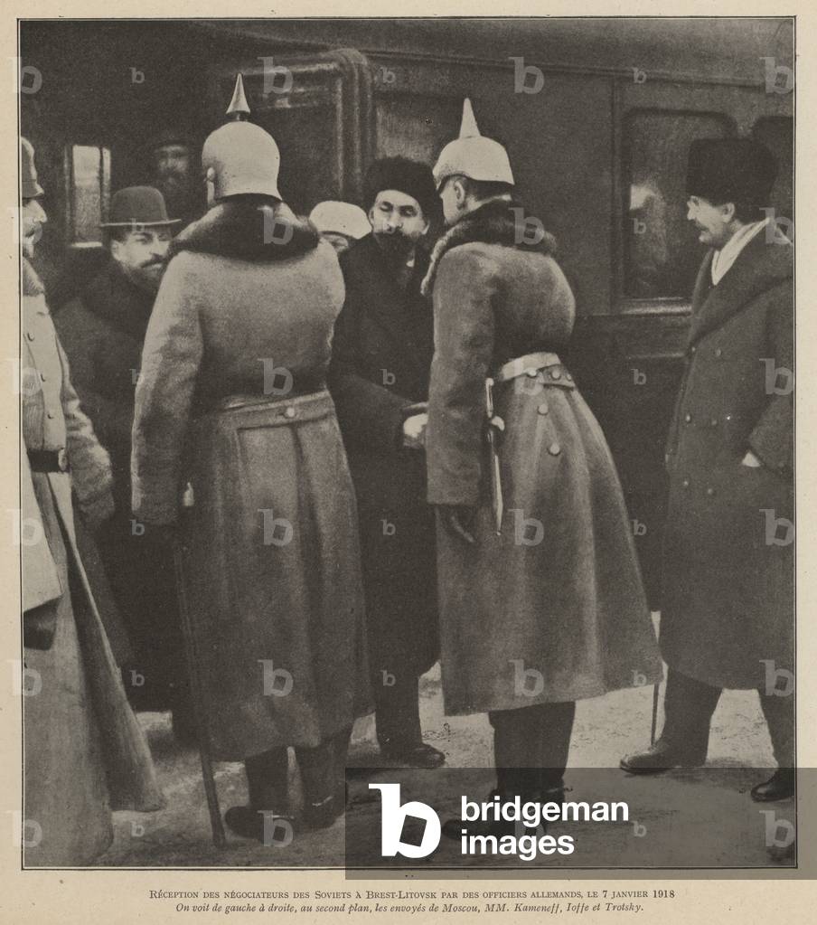 German army officers greeting the Russian delegation of Lev Kamenev, Adolph Joffe and Leon Trotsky on their arrival for the negotiations leading to the Treaty of Brest-Litovsk, 7 January 1918 (b/w photo)