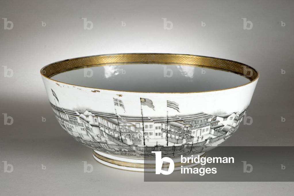 Punch bowl painted with warehouses or Hongs, Canton (Guangzhou), 1736-95 (porcelain)