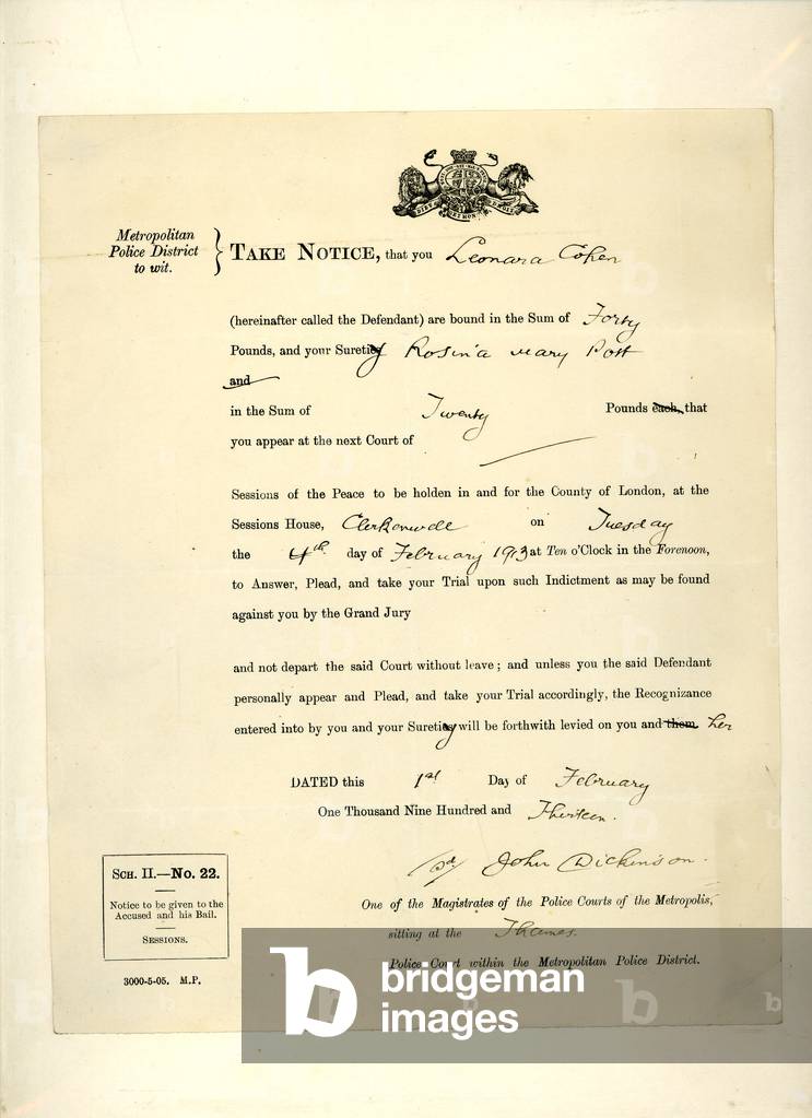 Legal summons to Leonora Cohen to appear at the Session House, Clerkenwell, 4 February 1913 (print & pen and ink on paper)