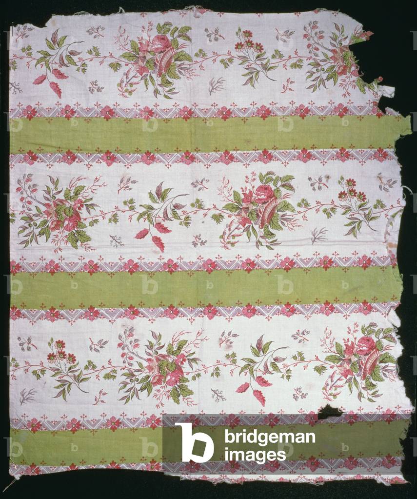 Textile with 18th century style pattern, c.1830s (block-printed cotton)