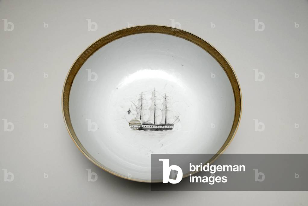 Punch bowl painted with warehouses or Hongs, Canton (Guangzhou), 1736-95 (porcelain)