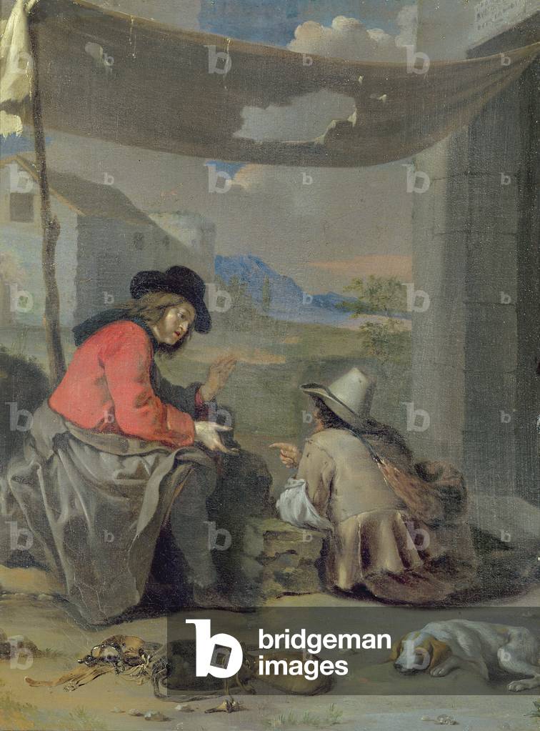 Two Figures Seated with a Dog (oil on board)