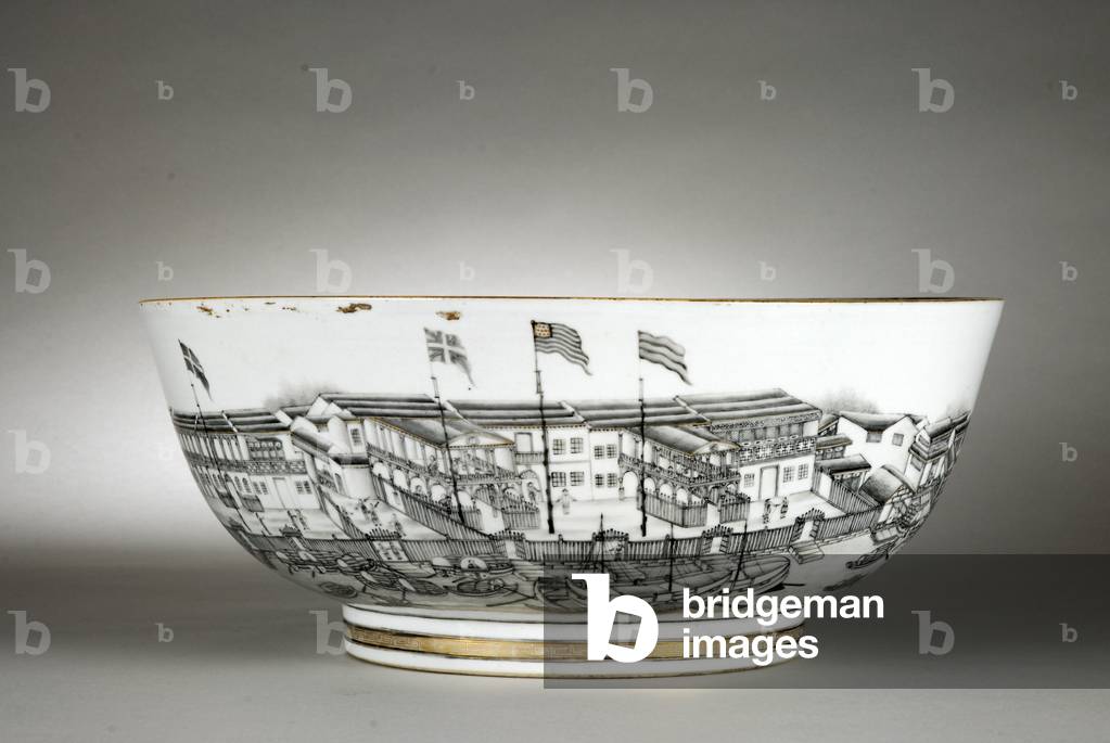 Punch bowl painted with warehouses or Hongs, Canton (Guangzhou), 1736-95 (porcelain)