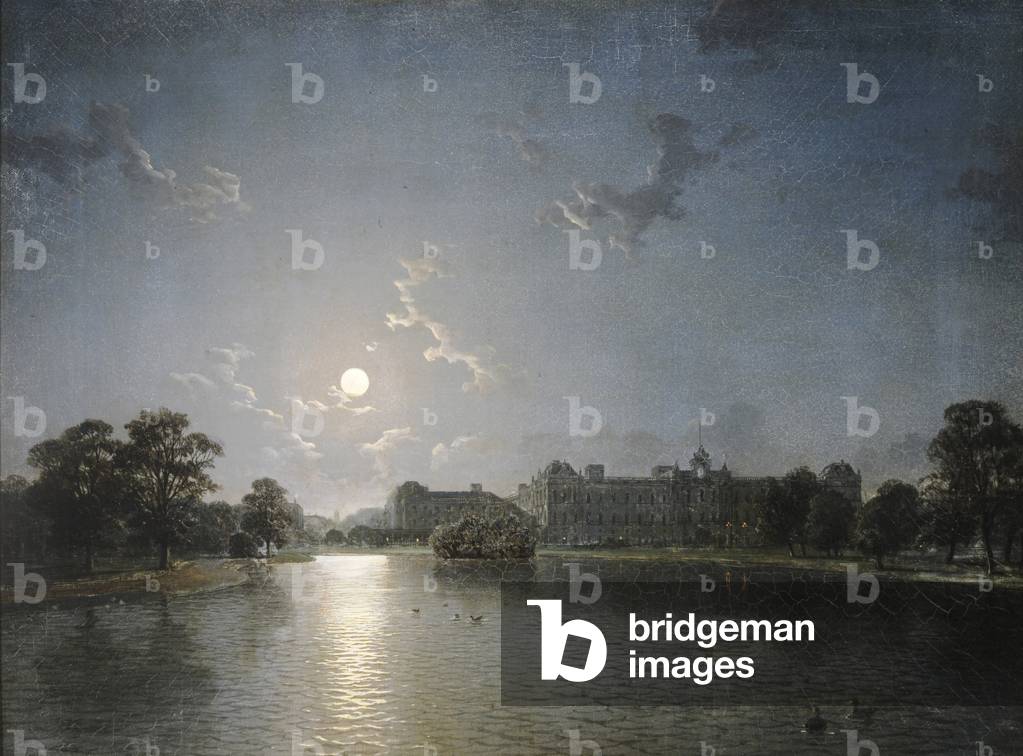Country House across a Lake by Moonlight, c.1850 (oil on canvas)
