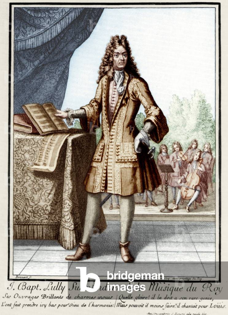 Jean Baptiste Lully with a group of court musicians behind him (violin, viola da gamba).  Italian-French composer, 1632-1687