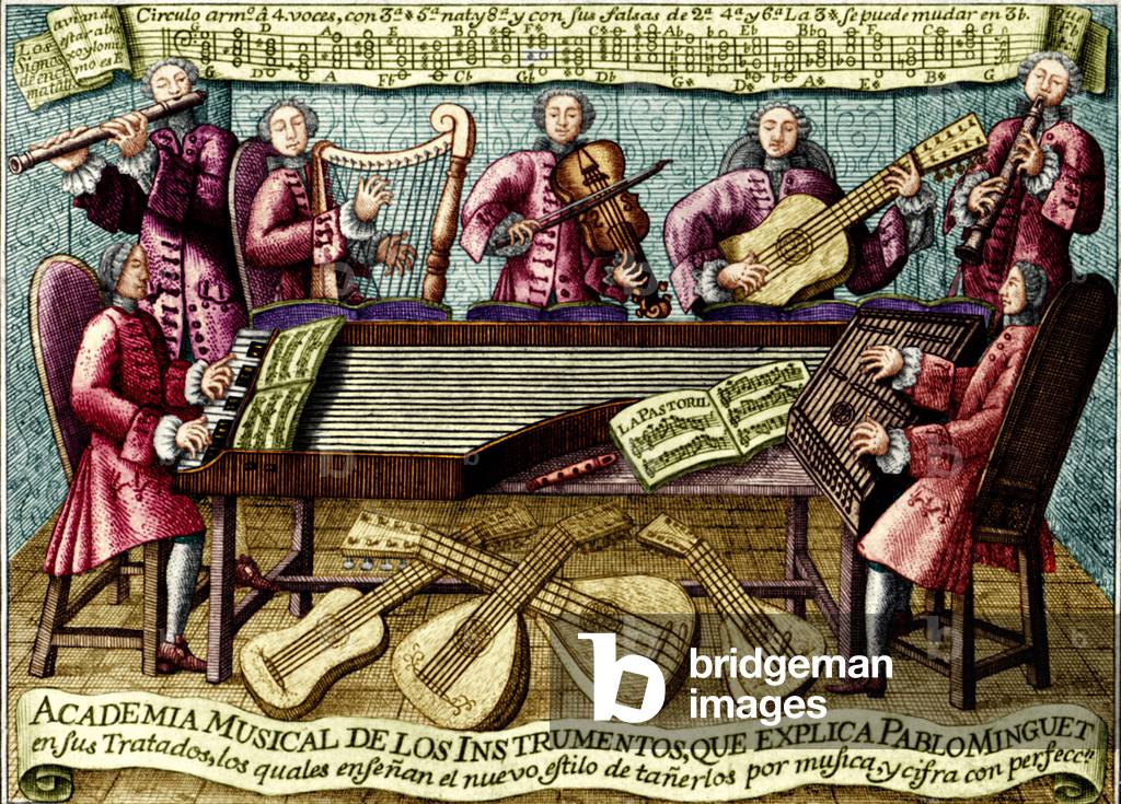 Spanish musical treatise cover, 1752. 'Rules and Advice for the Playing of All the Best Musical Instruments' - treatise in Spanish by Pablo Minguet y Yrol, 1752 features guitar, ciltarone, harpsichord, transverse flute, harp, recorder,  viol, lute. COLOURED VERSION