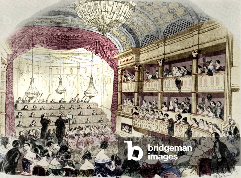 Paris Conservatoire /  Conservatory. -concert 1843, with audience listening to orchestra. Chopin played here on 24th April 1835, Berlioz connection