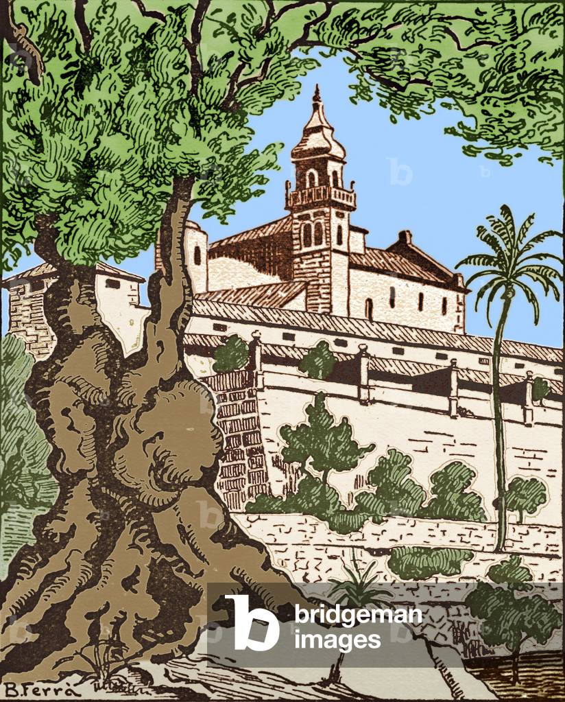 CHOPIN, Frederic - (1810-1849) The Cartuja Valldemosa / Valldemossa, in Majorca / Mallorca by Bartolome Ferra. Chopin stayed here.  Colourised