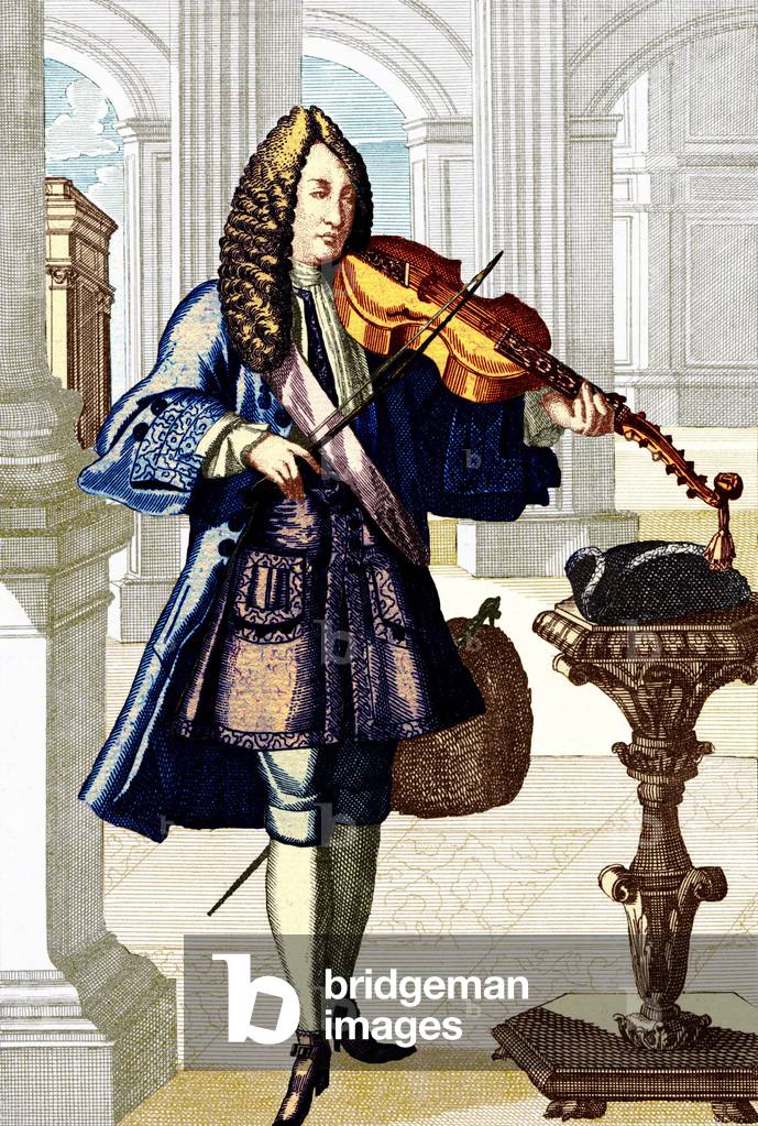 Man playing the viola d'amore (viol d'amour). Engraving by J.C. Weigel (1661-1726) from 'Musikalisches Theatrum' .  COLOURED VERSION.