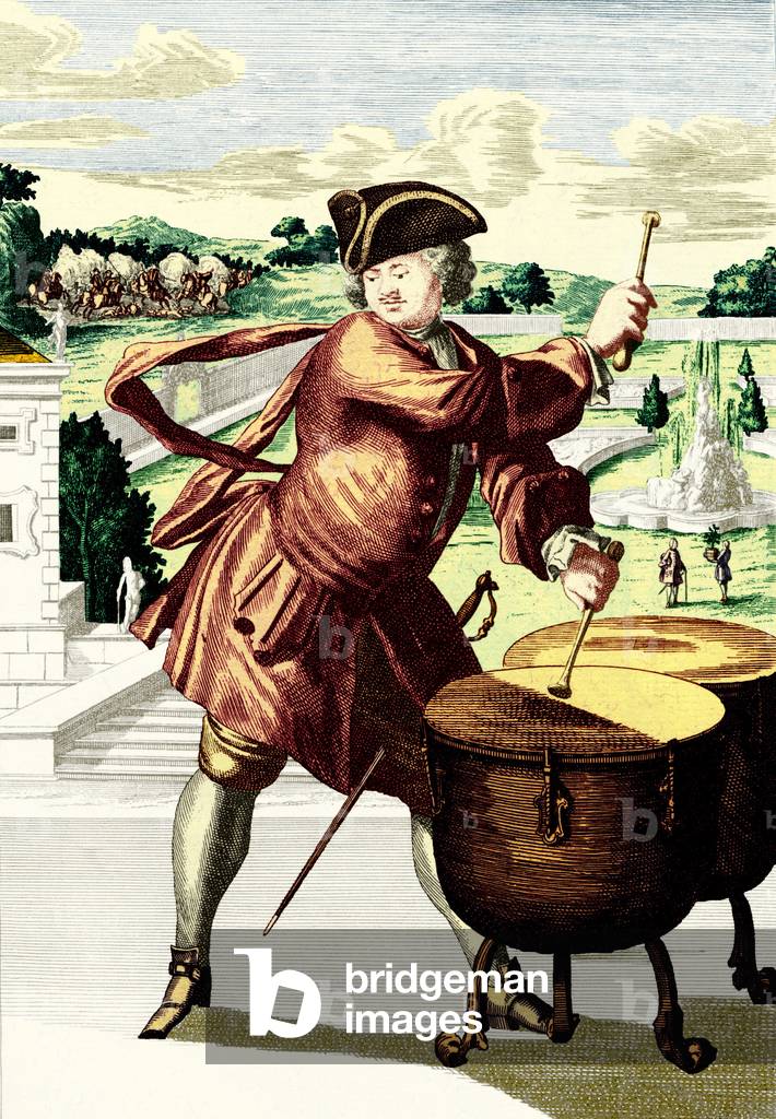 Man playing kettle drums (timpani) - engraving by J.C. Weigel (1661-1726), from 'Musicalisches Theatrum'.