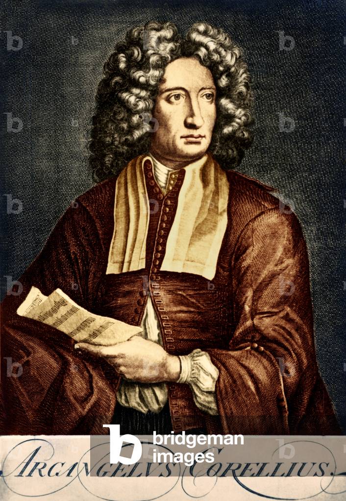 Arcangelo Corelli holding score (colourised version) by John Smith after H. Howard.  Italian composer & violinist, 1653-1713