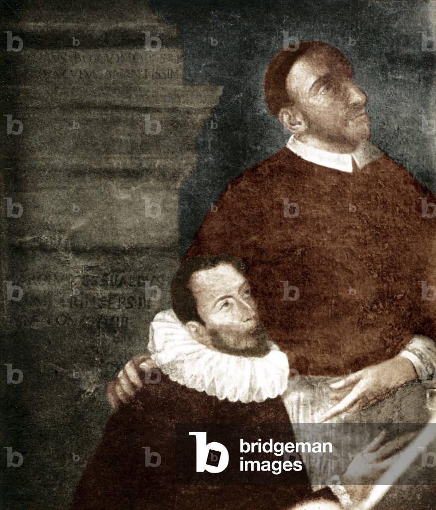 Carlo Gesualdo, Prince of Venosa. 1560-1613. In painting with his uncle Carlo Borromeo. Gesualdo is kneeling figure. Painting hangs in Gesualdo, Santa Maria delle Grazie church (Convento dei Frati Cappuccini). Thought to be  an altarpiece from 1609 by Giovanni Balducci, titled 'Il Perdono di Gesualdo' .Composer and lutenist. Assassinated 1st wife and her lover in 1590. Stravinsky in 1960 orchestrated 3 of Gesualdo's madrigals to mark 400th anniversary. Colourised. Madrigal