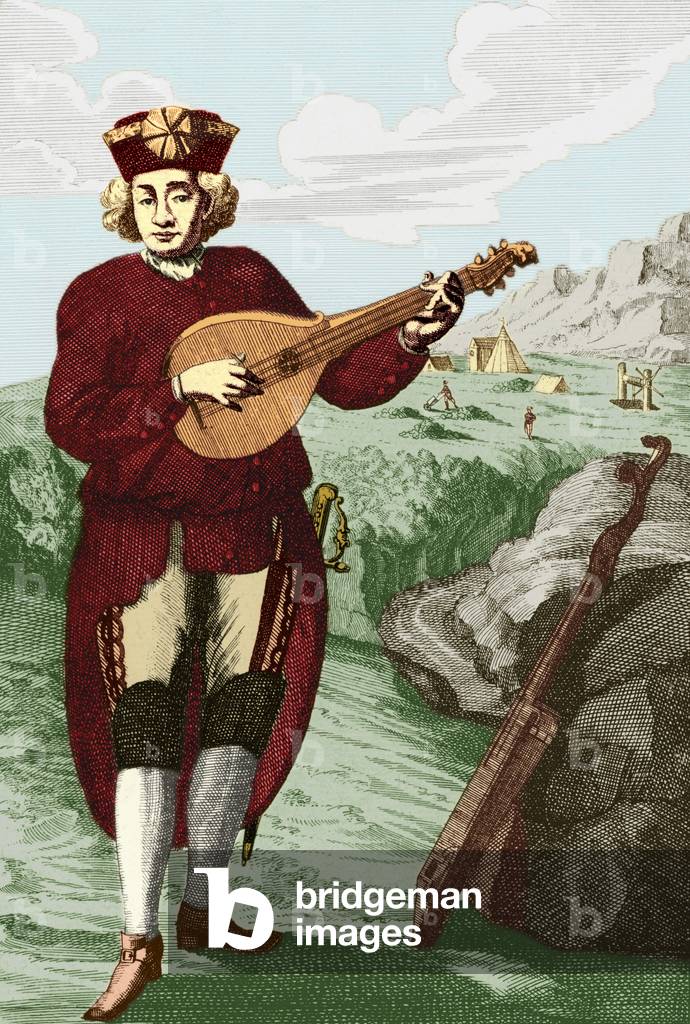 Baroque guitar played by man engraved by J. C. Weigel (1661-1726).  ( The Baroque Guitar has 4 pairs of strings, whereas the Contemporary Guitar has 6 single strings.)