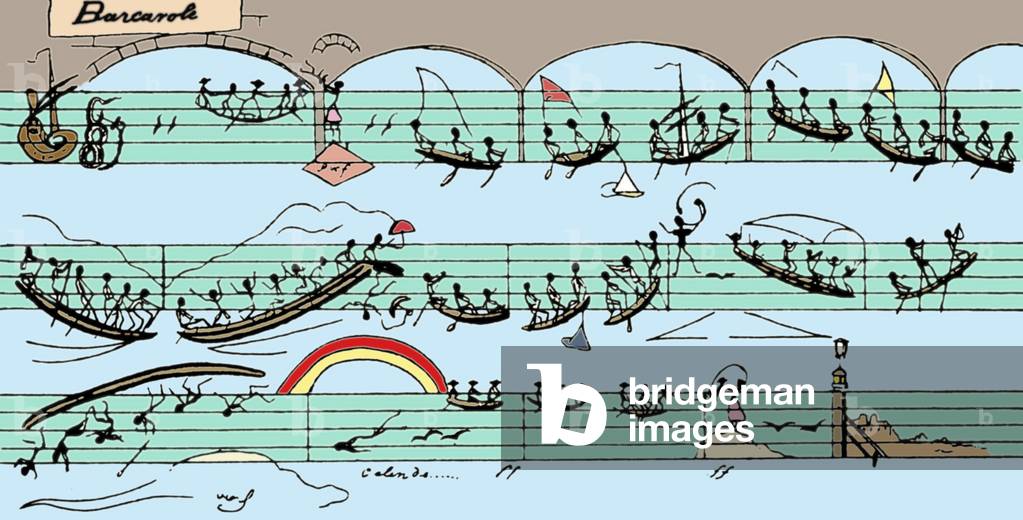 'Barcarolle': score humorously illustrated with small figures on the staves representing the movement of the boats, as well as the music. The barcarolle is a boat song or instrumental composition with a steady rhythm reminiscent of songs of  the Venetian gondoliers or 'barcaruoli'. Some bars are joined together by bridges, denoting the canals of  Venice. Drawing by Grandville (1803-1847).(contemporary of Mendelssohn)