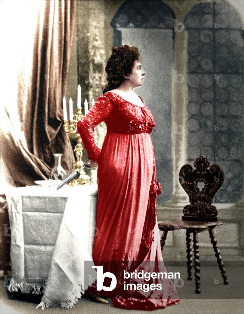 Giacomo Puccini's opera 'Tosca' with D'Arclée as Tosca (Romanian Soprano, 1860-1939, creator of Tosca role)  with dagger behind her back, Act III.  Italian composer, 1858-1924. Le Théâtre, 1900.