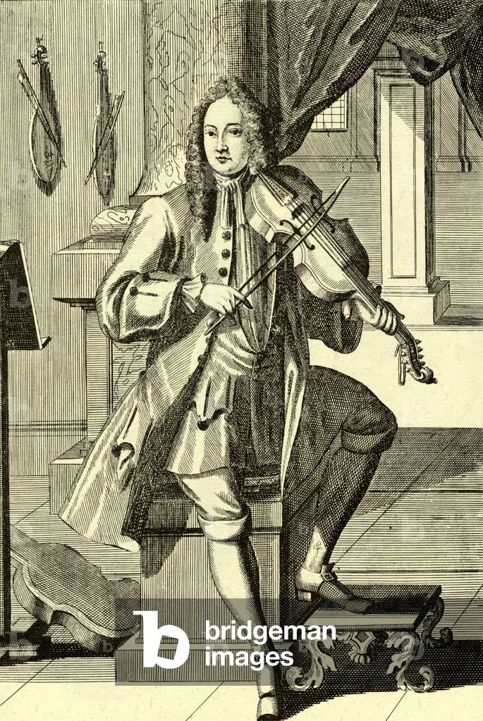 Musician playing viola da braccia. Engraving by J.C. Weigel (1661-1726) from 'Musikalisches Theatrum'. Man playing described as ' Violist oder Bratschist '.