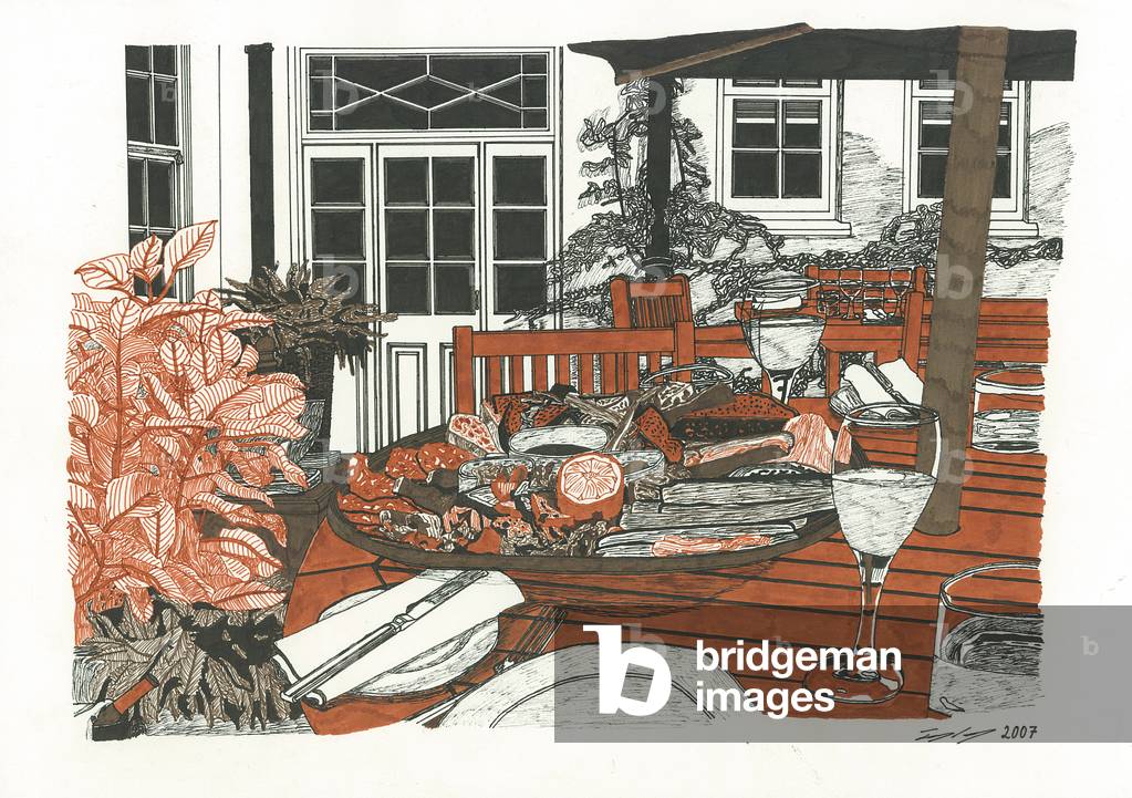 Lunch at The Angel, 2007 (pen and ink on paper)