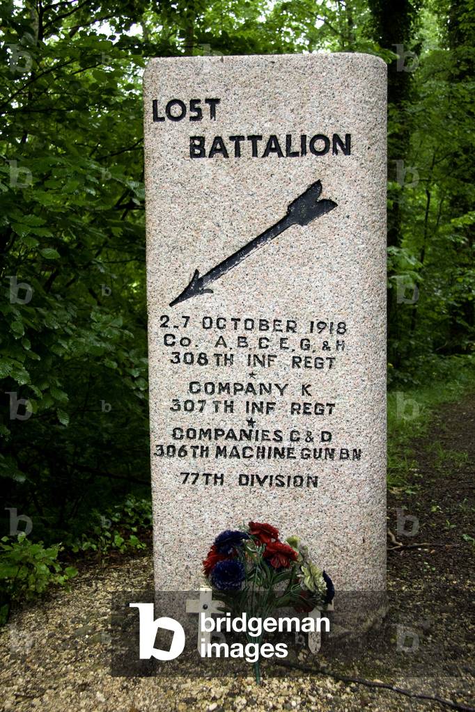 First World War 1914-1918: France, Champagne-Ardenne, Marne (51), Binarville - Stela remembering the battle of the Lost Battalion in october 1918, an american division massacred by the german army. Photography Florent Lamontagne