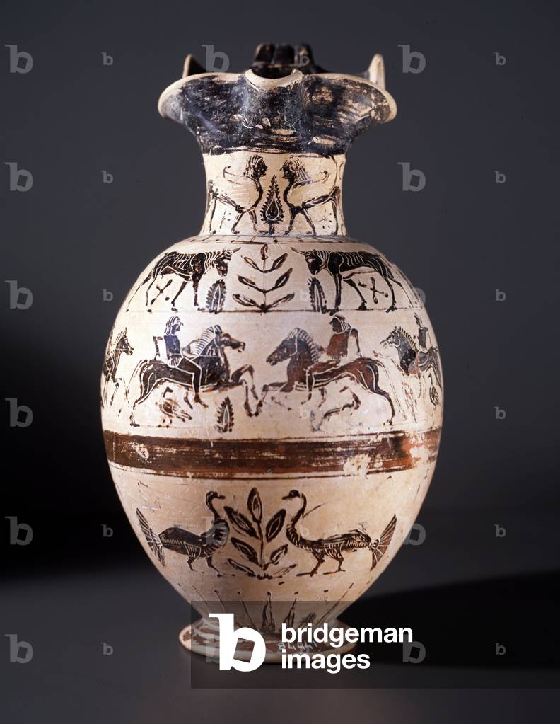Terracotta oenochoe (oinochoe) representing sphinxes, bulls, riders, birds and tree, 520 BC