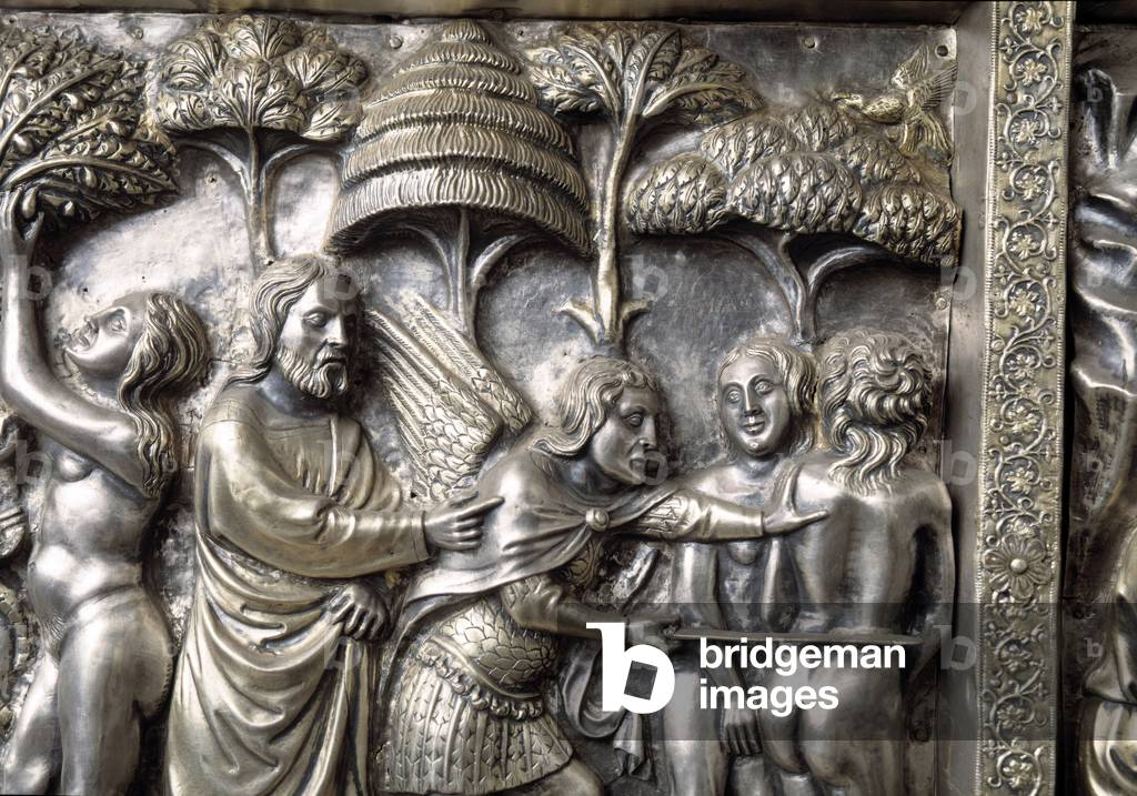 Adam and Eve expelled from Paradise, detail of the lateral antependium,  Altar of Saint James the Major, 1364 (silver)