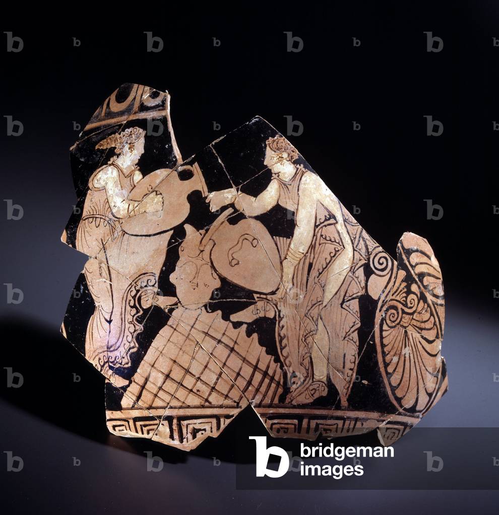 Fragment of terracotta stamnos depicting two women pouring water on a butcher, 360-340 BC