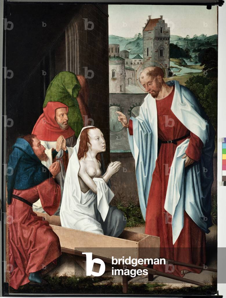 Episode of the life of Saint John evangelist: “” The resurrection of Drusiana”” (Life of St John evangelist, the resurrection of Drusiana) Painting by the master of San Giovanni evangelista (Saint John Evangelist) (end of 15th century) Dim 120x90 cm Genes, Musei di Strada Nuova (ex Palazzo Bianco) inv n PB 156