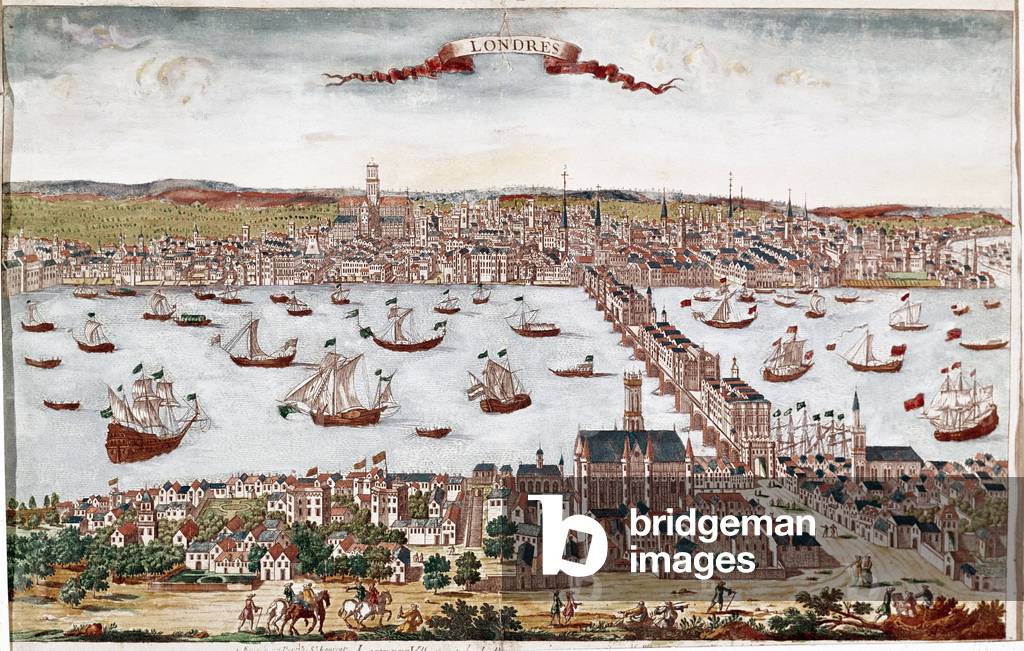 View of the city of London and the river Thames (engraving, 16th century)