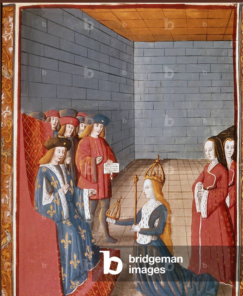 Carolingian dynasty: “” Carolingian king Charles II says the bald (823-877) takes the head of the western empire at the death of his father Louis the Pious in 840”” Miniature taken from “” Les grandes Chronicles de France””” 15th century Turin, national library