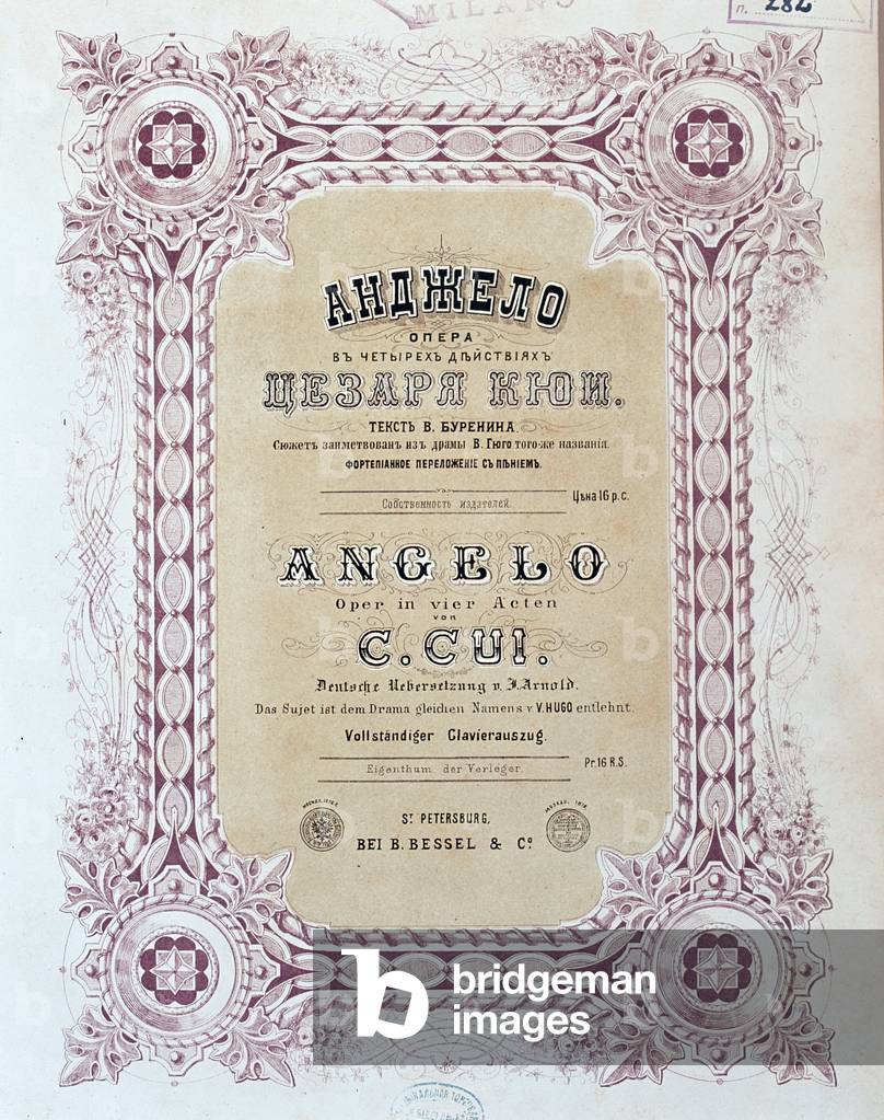 Frontispiece of the musical score of Angelo, opera by Zesar Kjui, 1876