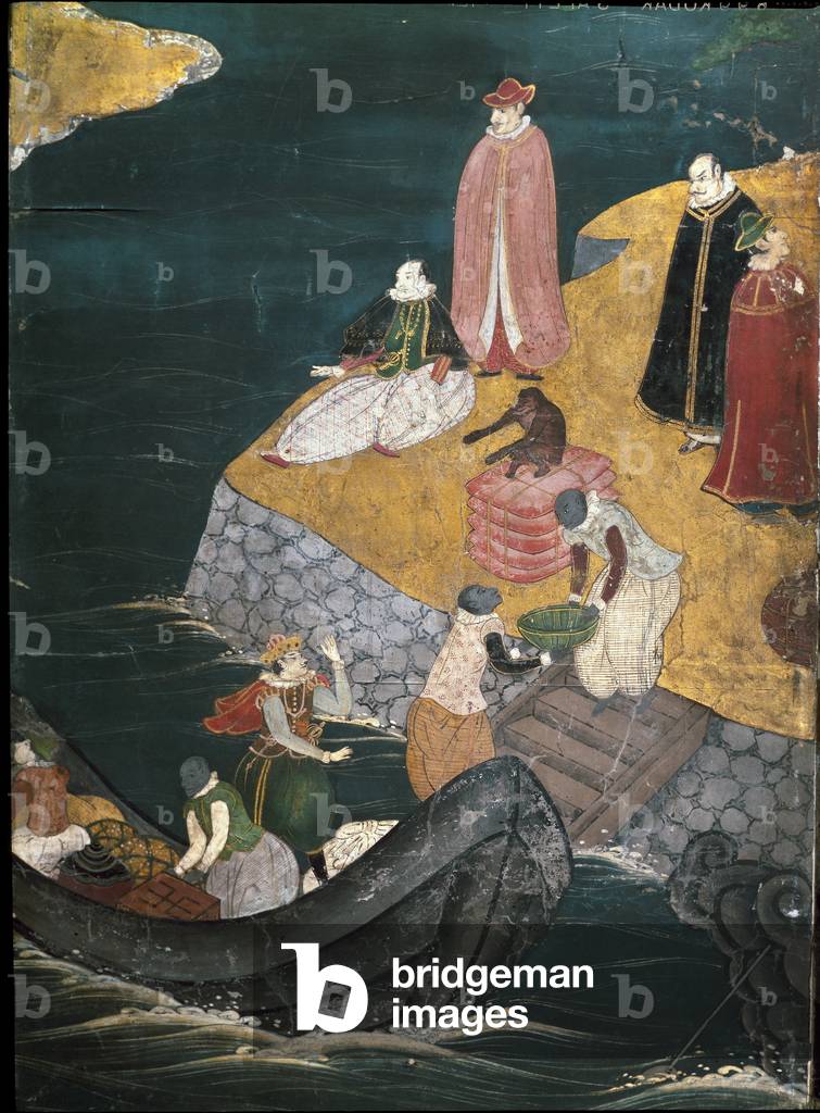 The barkment of foodstuffs, detail of the arrival of Jesuit Portuguese missionaries in Japan (painting, 1590-1614)