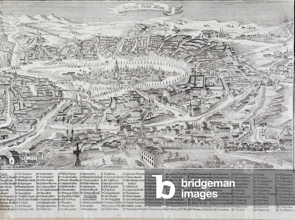 General view of the city of Vienna with detail of the main buildings and monuments, 1800 (engraving)
