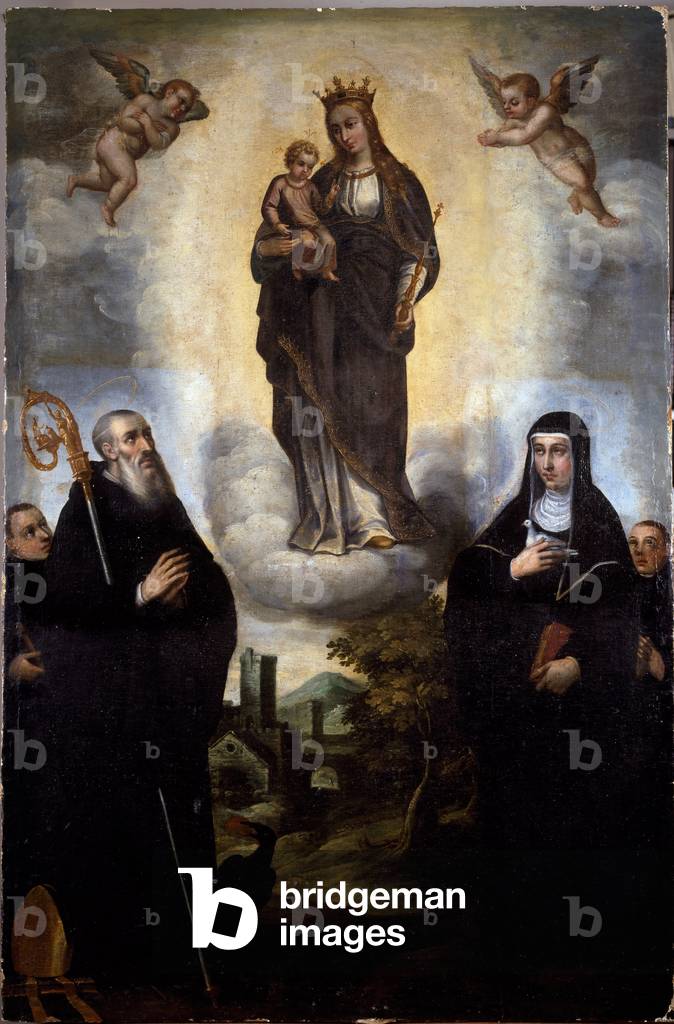 The Virgin has the Child with Saint Benedict of Nursie and her sister Sainte Scolastique (Scholastic), founder of the Order of Benedictine Anonymous painting. Monte Cassino Abbey, Italy