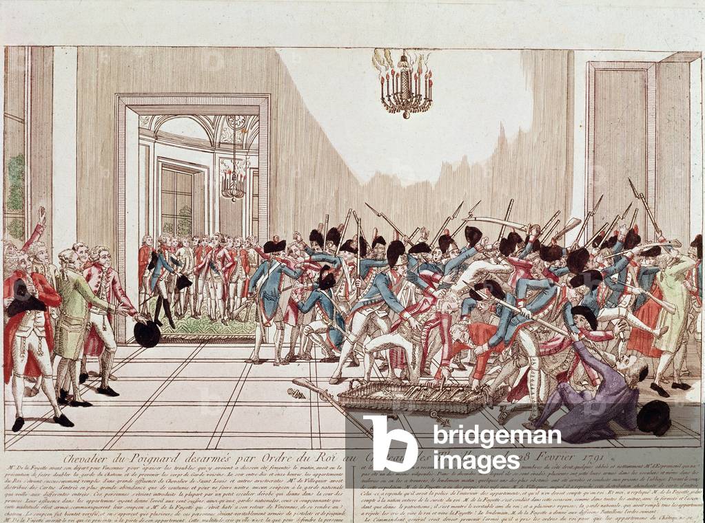 Bild von Gravur "Die Ritter von Aggard wurden auf Befehl des Königs im Tuilerien-Palast entwaffnet" 1701 von F