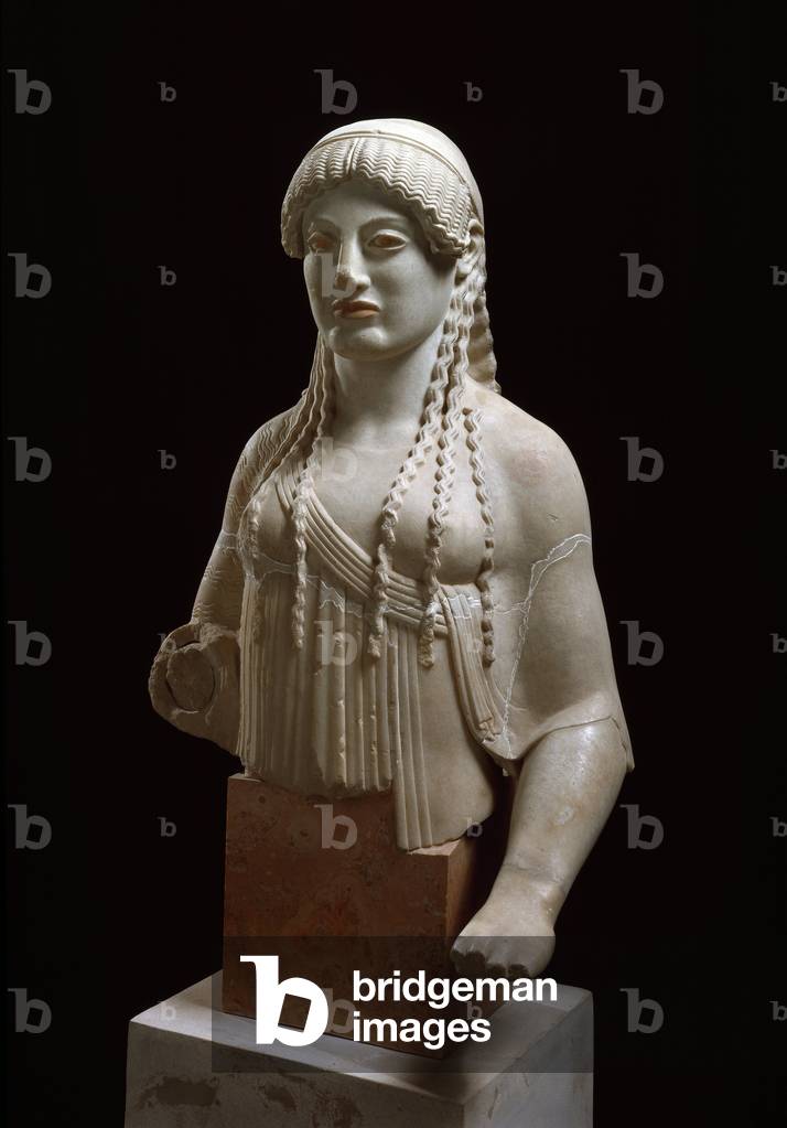 Image of Sculpture depicting Greek Art: “” Kore of Euthydikos”” (Core) Marble Sculpture -490 by Greek school