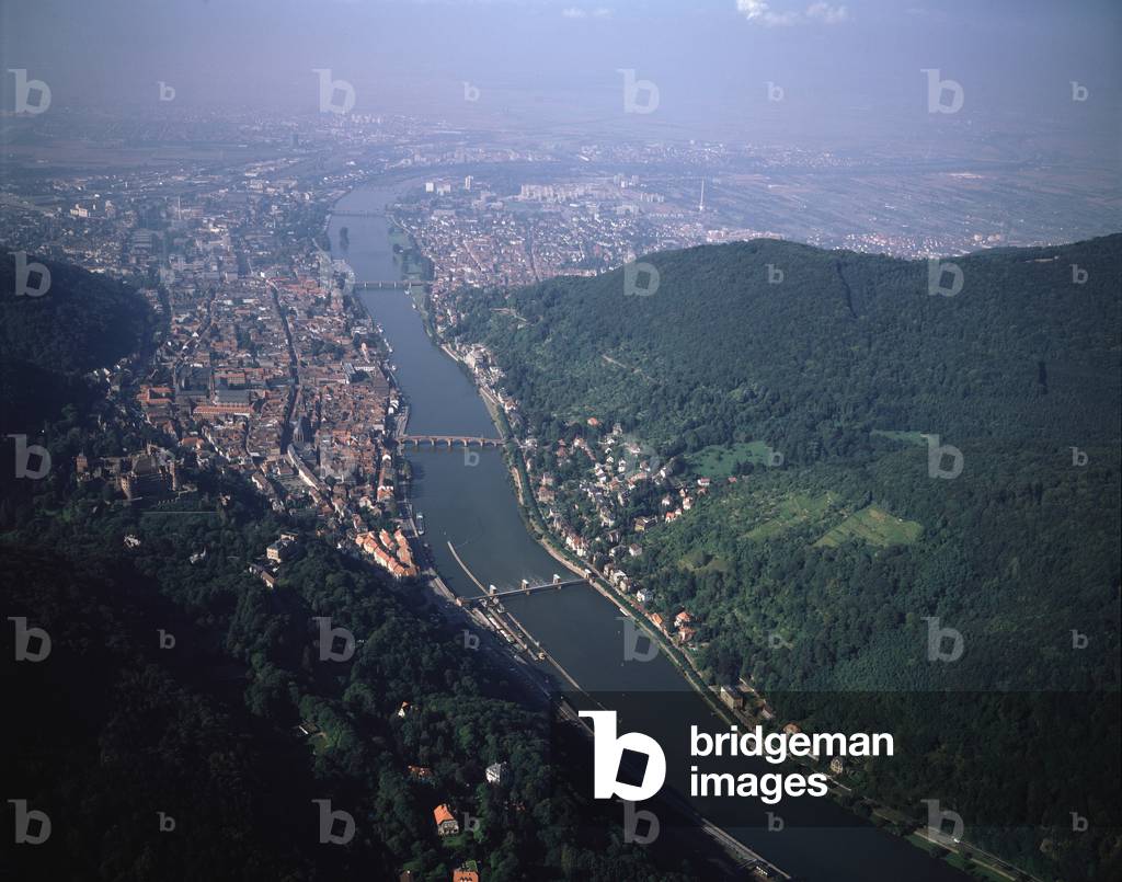 Aerial view of city of Heidelberg with castle on Neckar river, 1990 - Photography