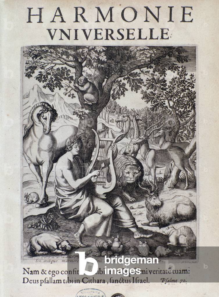 "Orfeo che gioca per gli animali. Frontespizio di Harmonie universelle di Marin Mersenne" di French School