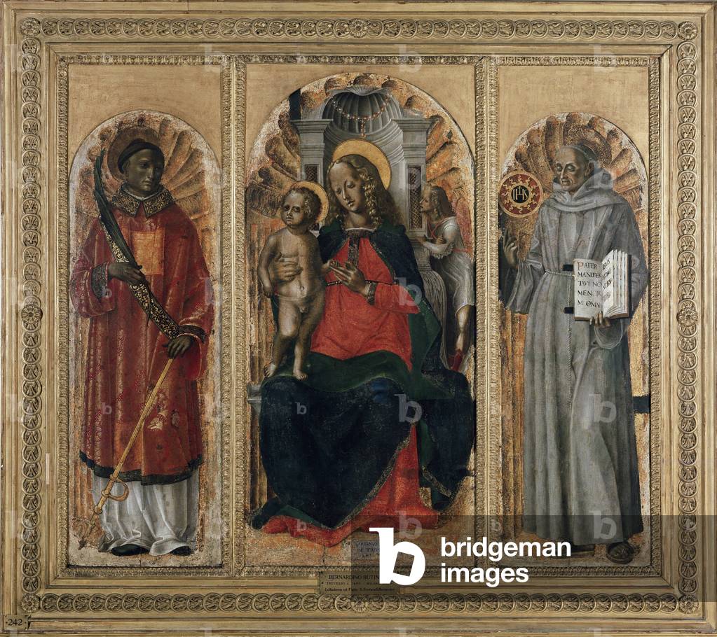 Triptych, Virgin with child with St Leonard (or Stephen) and st Bernardino of Siena (oil on panel, 1484)