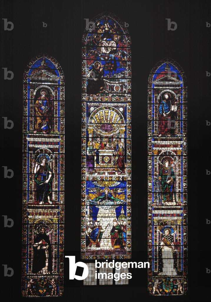 Presentation to the temple, triumph of the Virgin, St Peter, St John the Baptist, St Paul, St Lawrence, St Thomas Aquinas. Stained glass, 1492